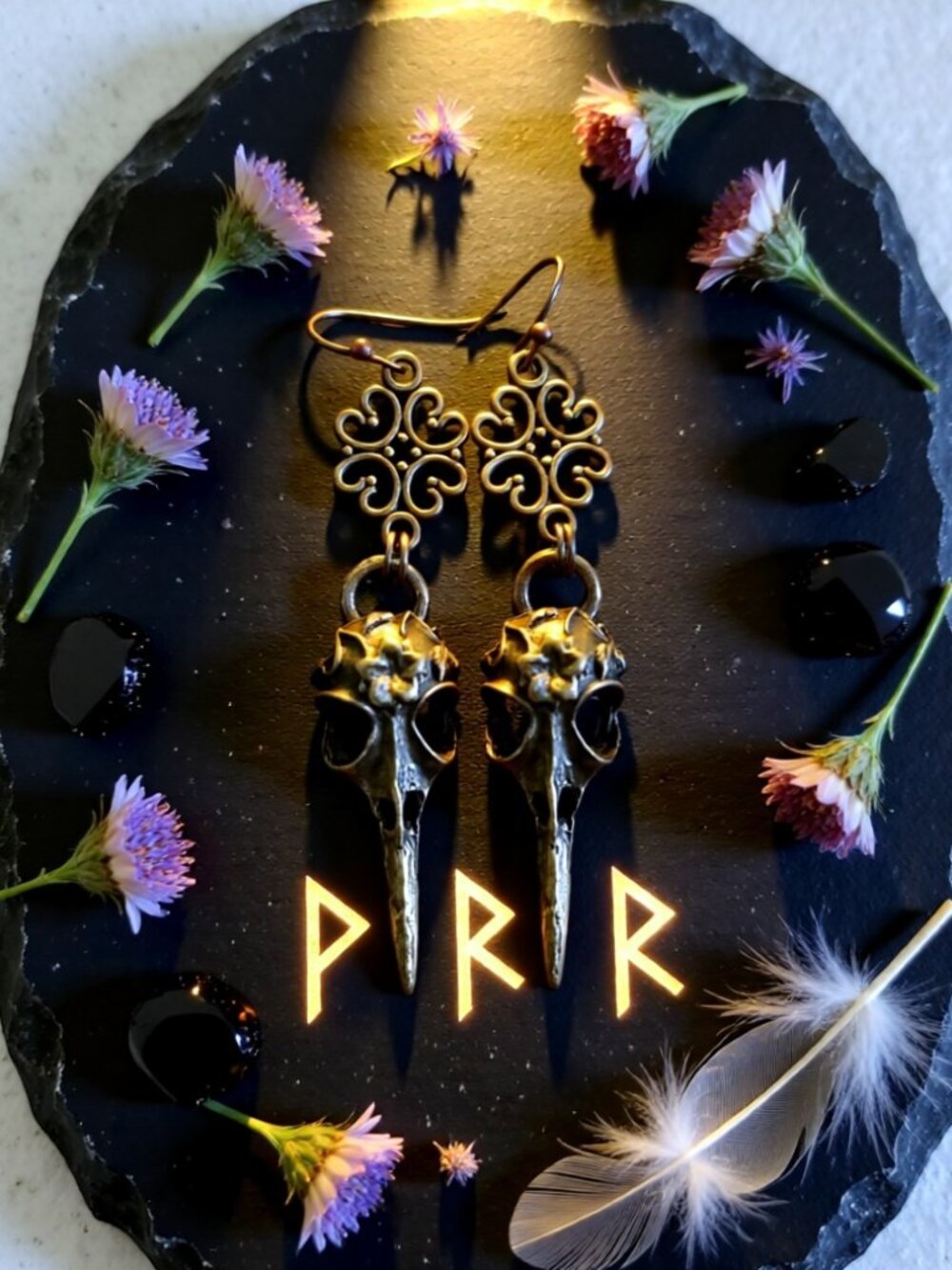 Dark Enchantress ~ Pagan Raven Skull Dangle Earrings - XLong - Forest Witch